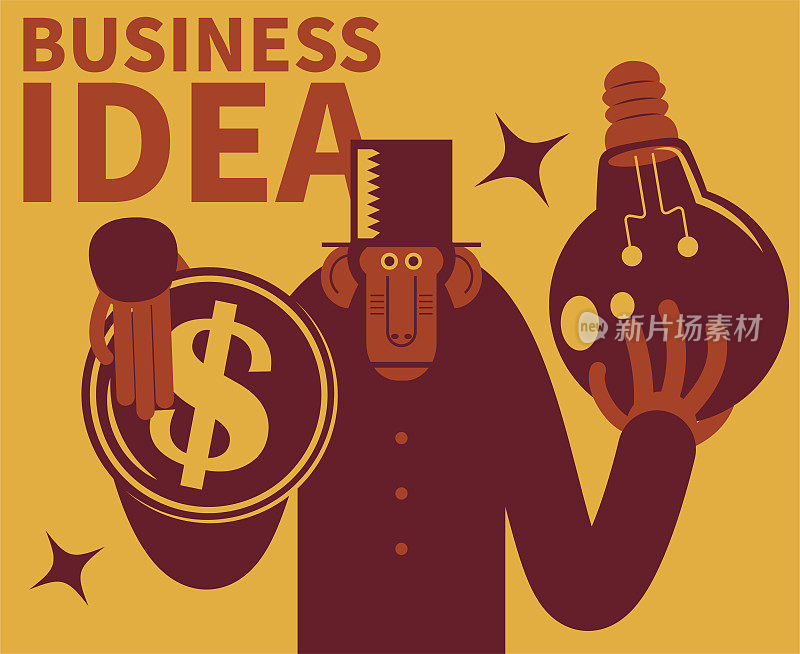 Anthropomorphic Monkey (Baboon, Chimpanzee, Ape) is holding idea light bulb and US Dollar currency; Best and easy business ideas to make money